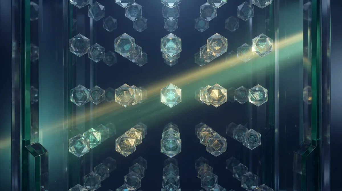 A symmetrical arrangement of glowing hexagonal crystals creates a futuristic display for student management.